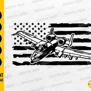 May include: Black and white graphic of a military aircraft superimposed on an American flag design. The image includes the text "SVG, DXF, PNG, EPS, AI" and "INSTANT DOWNLOAD". The design is suitable for digital crafts.
