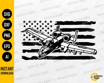 May include: Black and white graphic of a military aircraft superimposed on an American flag design. The image includes the text "SVG, DXF, PNG, EPS, AI" and "INSTANT DOWNLOAD". The design is suitable for digital crafts.