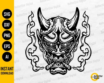 Smoking Hannya SVG | Oni Mask SVG | Japanese Demon T-Shirt Vinyl Decals Graphics | Cut File Printable Clip Art Vector Digital Dxf Png Eps Ai