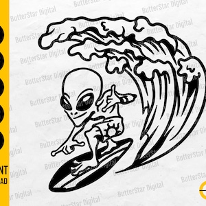 | SVG Alien Surfing Surfer SVG | Surf Waves Fun Hawaiian Sea Ocean Planche de surf | Couper des fichiers Cuttable Clipart Vector Digital Dxf Png Eps Ai