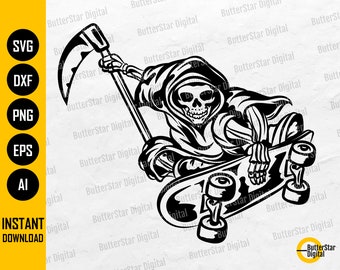 Skateboarding Grim Reaper SVG | Death Skull Skateboard Skater | Cricut Silhouette Cameo Cutting File | Clipart Vector Digital Dxf Png Eps Ai