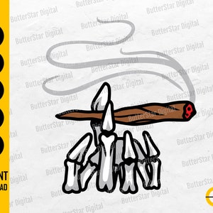 May include: A digital illustration of a skeleton hand holding a lit cigar with smoke rising. The image includes the text "SVG, DXF, PNG, EPS, AI, INSTANT DOWNLOAD". The cigar is brown with a red glowing end, and the hand is white.