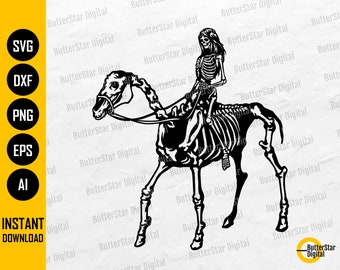 Female Skeleton Horse Rider SVG | Animal T-Shirt Vinyl Graphics Illustration Drawing | Cricut Cut File Clipart Vector Digital Dxf Png Eps Ai