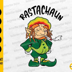 May include: A digital graphic of a cartoon leprechaun with dreadlocks, wearing a green suit and a hat in the colors of the Rastafarian flag. The word "RASTACHAUN" is arched above the character. A lit cigarette is in the leprechaun's mouth.