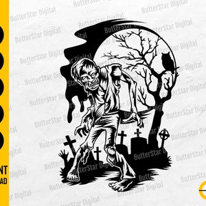 May include: Black and white digital illustration of a zombie with a graveyard scene, tree, and owl. Includes file type icons: SVG, DXF, PNG, EPS, and AI. Text reads "INSTANT DOWNLOAD".
