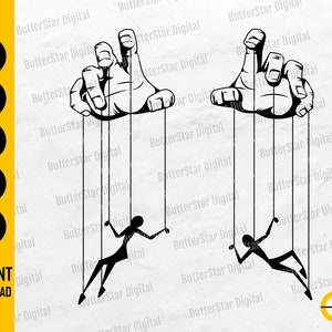 Könnte beinhalten: Schwarz-weiße digitale Illustration von zwei Händen, die Marionettenfiguren steuern. Der Text "SVG, DXF, PNG, EPS, AI" und "INSTANT DOWNLOAD" ist ebenfalls enthalten.