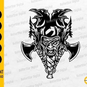 May include: Black and white digital illustration of a Viking warrior with an axe and raven details. The image includes the text "SVG, DXF, PNG, EPS, AI" and "INSTANT DOWNLOAD".