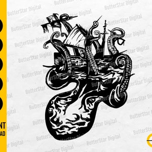 Puede incluir: Ilustración en blanco y negro de un barco atacado por un pulpo gigante. La imagen incluye el texto "SVG, DXF, PNG, EPS, AI" y "DESCARGA INSTANTÁNEA". El diseño es de ButterStar Digital.