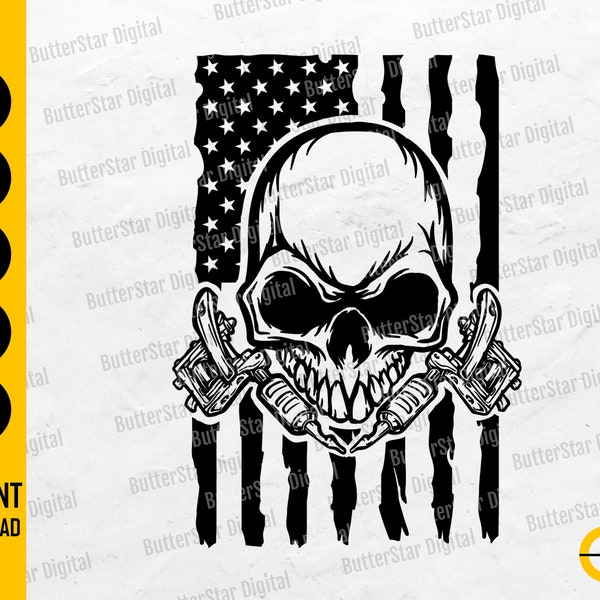 US Skull Tattoo Machine SVG | American Tattoo Artist Svg | USA Tattoo Gun Svg | Cut Files Printables Clip Art Vector Digital Dxf Png Eps Ai