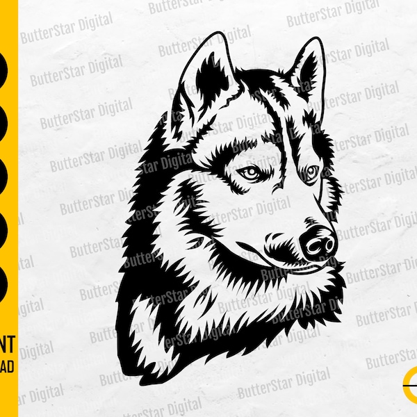 Siberian Husky Head SVG | Sled Dog SVG | Pet Animal Vinyl Stencil Drawing | Cricut Cut File Printable Clip Art Vector Digital Dxf Png Eps Ai