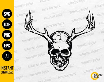Skalle med horn SVG | Hjort SVG | Älg SVG | Gotiska djur dekalgrafik | Cricut klippfil Cameo Clipart Vektor Digital Dxf Png Eps Ai