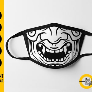 May include: Black and white face mask with a grinning demon face design. The mask has black trim and ear loops. The words "SVG", "EPS", "PNG", "PDF", and "AI" are printed on the left side. The words "INSTANT DOWNLOAD" are printed at the bottom.