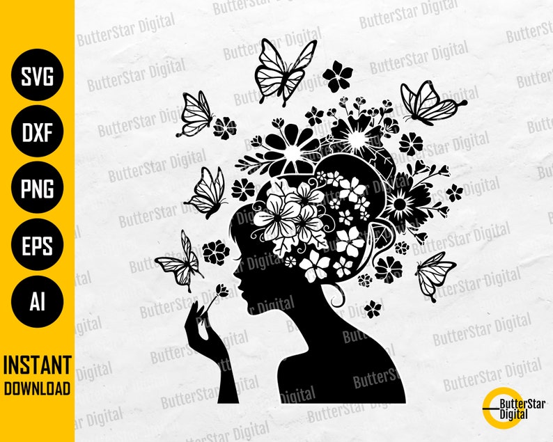 Floral Woman SVG Flower Girl SVG Woman With Flower Head SVG Cricut Cutting Files Silhouette Cut Clipart Vector Digital Dxf Png Eps Ai image 1