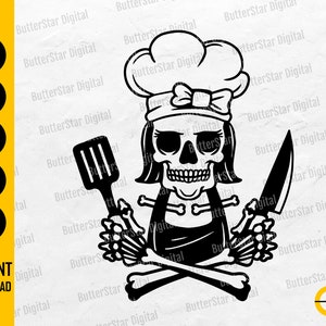 Female Chef Skeleton SVG | Cook SVG | Kitchen SVG | Restaurant Cafe Fry Knife Food Skull | Cut Files Clip Art Vector Digital Dxf Png Eps Ai