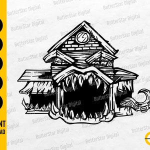 May include: Black and white digital illustration of a haunted house with a monstrous mouth and teeth. The house has a clock and a tentacle. The image includes the text "SVG, DXF, PNG, EPS, AI, INSTANT DOWNLOAD".