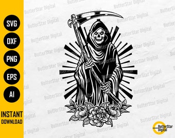 Floral Grim Reaper SVG | Death SVG | Devil Demon Hell Grave Scythe Soul Ghost Dead Skull | Cut Files Clip Art Vector Digital Dxf Png Eps Ai