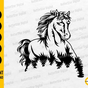 May include: Black and white digital illustration of a horse with a flowing mane and tail, integrated with a forest silhouette. The image includes the text "SVG, DXF, PNG, EPS, AI" and "INSTANT DOWNLOAD".