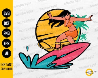 Surfer Girl SVG / Surfing Woman SVG / Surf SVG / Sunny Sun Waves Sea Ocean / Archivos de corte Imprimibles Clipart Vector Digital Dxf Png Eps Ai