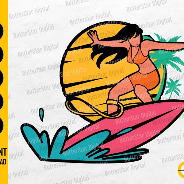 Surfer Girl SVG | Surfing Woman SVG | Surf SVG | Sunny Sun Waves Sea Ocean | Cutting Files Printables Clipart Vector Digital Dxf Png Eps Ai