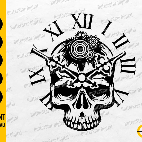 Clock Skull SVG | Gothic SVG | Time Wall Decoration Vinyl Stencil Tattoo | Cricut Cutting Files Cameo Clip Art Vector Digital Dxf Png Eps Ai