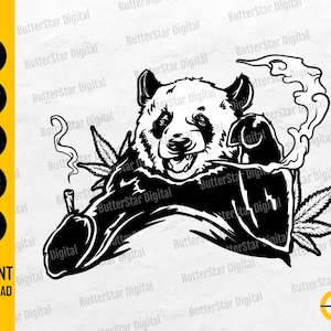 May include: A black and white graphic featuring a panda smoking a pipe, with cannabis leaves. The image includes the text "SVG, DXF, PNG, EPS, AI" and "INSTANT DOWNLOAD".