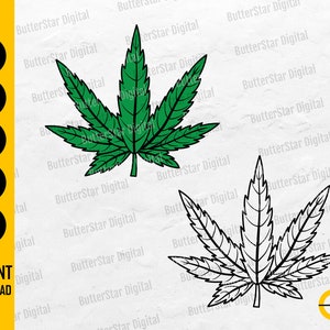 May include: Two cannabis leaf illustrations. One is green with black outlines, the other is a black outline on a white background. The image also includes the text "SVG, DXF, PNG, EPS, AI" and "INSTANT DOWNLOAD".
