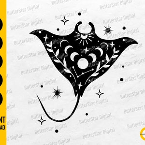May include: Black silhouette of a manta ray with celestial and floral details. The design includes moons, stars, and suns. The image also contains the text "SVG, DXF, PNG, EPS, AI, INSTANT DOWNLOAD".