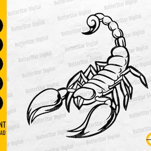 May include: Black and white scorpion illustration with a curved tail and detailed body. The image includes file type icons for SVG, DXF, PNG, EPS, and AI, along with the text "INSTANT DOWNLOAD". The design is by ButterStar Digital.