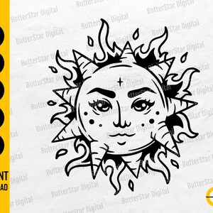May include: Black and white sun illustration with a face, flames, and rays. The sun has a smiling expression, with a cross above its head. The image includes the text "SVG, DXF, PNG, EPS, AI" and "INSTANT DOWNLOAD".