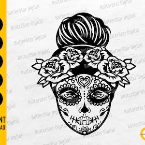 Hair Bun Sugar Skull SVG | Dia De Los Muertos T-Shirt Decal Sticker Stencil Graphics | Cricut Cut File Clipart Vector Digital Dxf Png Eps Ai