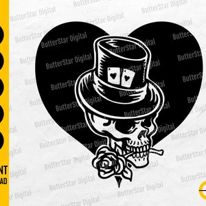 Heart Skull SVG | Skull With Top Hat SVG | Playing Cards Decal T-Shirt Tattoo | Cutting File Printable Clipart Vector Digital Dxf Png Eps Ai