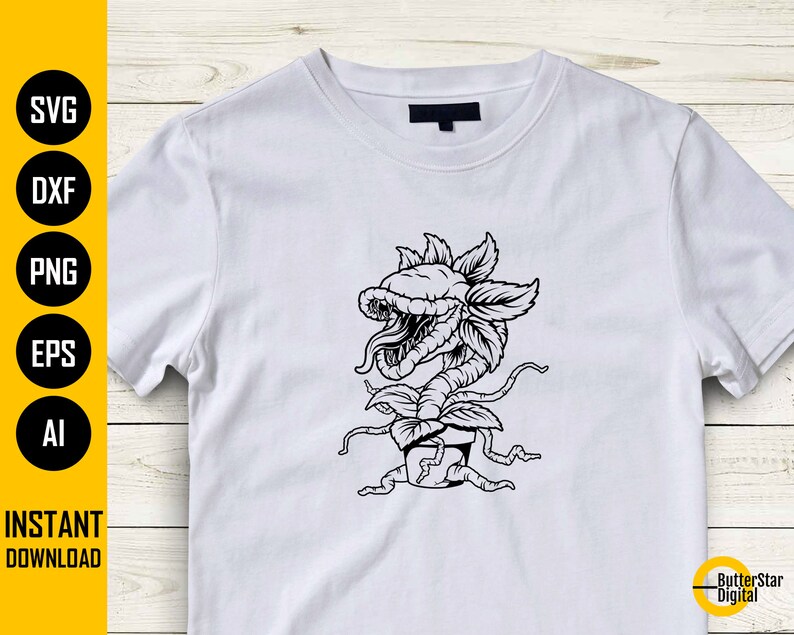May include: White t-shirt featuring a black and white illustration of a carnivorous plant with sharp teeth and a long tongue. The shirt has the words "SVG, DXF, PNG, EPS, AI" and "INSTANT DOWNLOAD" in a yellow and black vertical column on the left side.