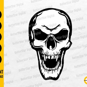 Könnte beinhalten: Schwarz-weiße Illustration eines Schädels mit offenem Mund und scharfen Zähnen. Das Bild enthält den Text "SVG, DXF, PNG, EPS, AI" und "SOFORT-DOWNLOAD". Der Schädel ist ein digitales Design.