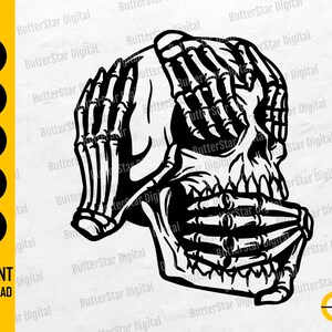 Könnte beinhalten: Schwarz-weiße digitale Illustration eines Schädels mit skelettartigen Händen, die sein Gesicht bedecken. Der Text "SVG, DXF, PNG, EPS, AI" und "SOFORT-DOWNLOAD" ist enthalten.