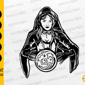 Puede incluir: Ilustración digital en blanco y negro de una mujer con una capa con capucha sosteniendo una bola de cristal. La imagen incluye el texto "SVG, DXF, PNG, EPS, AI" y "DESCARGA INSTANTÁNEA". El logotipo de ButterStar Digital está en la esquina inferior derecha.