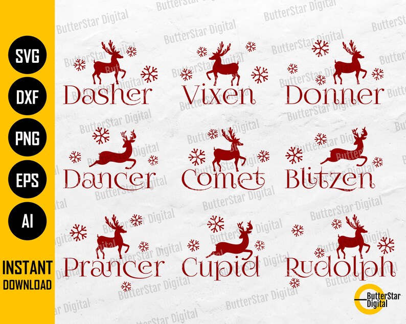 Christmas Reindeer Names SVG Dasher Dancer Prancer Vixen | Etsy