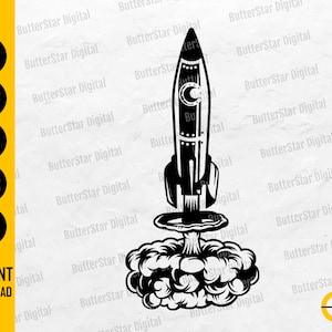 Puede incluir: Ilustración en blanco y negro de un cohete con diseño de luna creciente, emitiendo humo. Incluye el texto "SVG, DXF, PNG, EPS, AI" y "INSTANT DOWNLOAD". También está el logo "ButterStar Digital".