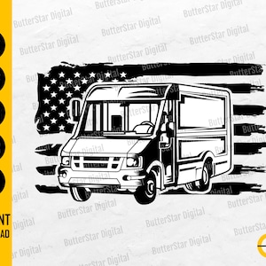 May include: Black and white illustration of a van with an American flag design. The image includes the text "SVG, DXF, PNG, EPS, AI" and "INSTANT DOWNLOAD". The van is a commercial vehicle.
