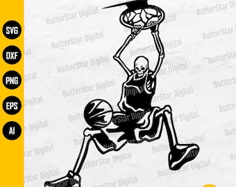 スケルトン ダンク バスケットボール SVG | スポーツ ゲーム ダンク シュート ジャム スラム プレイ ショット | カット ファイル 印刷可能 クリップ アート ベクター デジタル Dxf PNG EPS Ai