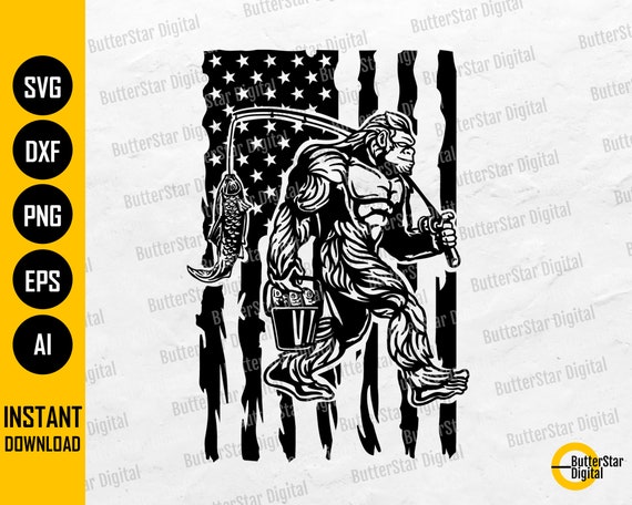 US Fishing Bigfoot SVG | USA Flag Big Foot T-Shirt Stencil Graphics | Cricut Cutting Files Silhouette Clipart Vector Digital Dxf Png Eps Ai