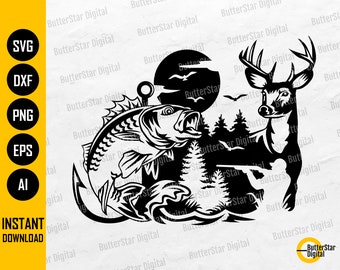Può includere: Design grafico in bianco e nero raffigurante un pesce che salta, un cervo con le corna e un cacciatore con un fucile. Il design include una luna piena, pini e le parole "INSTANT DOWNLOAD".