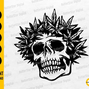 May include: A black and white digital image of a skull adorned with a cannabis leaf crown. The image includes the text "SVG, DXF, PNG, EPS, AI" and "INSTANT DOWNLOAD".