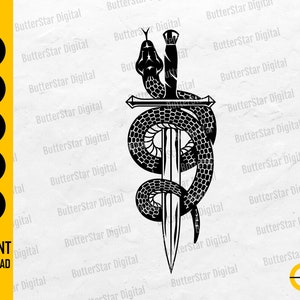 May include: Black and white graphic of a snake coiled around a dagger. The snake's head is at the top, and the dagger's point is at the bottom. The image includes the text "SVG, DXF, PNG, EPS, AI" and "INSTANT DOWNLOAD".