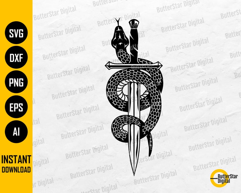 May include: Black and white graphic of a snake coiled around a dagger. The snake's head is at the top, and the dagger's point is at the bottom. The image includes the text "SVG, DXF, PNG, EPS, AI" and "INSTANT DOWNLOAD".