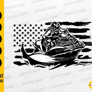 May include: Black and white graphic of a person riding a jet ski in front of an American flag. The image includes the words "SVG, DXF, PNG, EPS, AI" and "INSTANT DOWNLOAD".