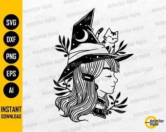 Häxhatt med katt SVG | Häxor SVG | Halloween T-shirt dekal grafik | Cricut Silhouette Cut filer Clipart Vektor Digital Dxf Png Eps Ai