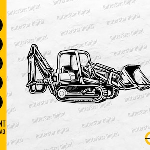May include: Black and white illustration of a construction vehicle, a backhoe loader. The image includes the text "SVG, DXF, PNG, EPS, AI" and "INSTANT DOWNLOAD".