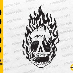May include: Black and white graphic of a skull engulfed in flames. The skull has visible teeth and eye sockets, with flames surrounding the head. The image includes the text "SVG, DXF, PNG, EPS, AI" and "INSTANT DOWNLOAD".