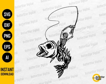 Fisherman Riding Fish Skeleton SVG | Funny Fishing SVG T-Shirt Gift Decal Graphics | Cricut Cut Files Clip Art Vector Digital Dxf Png Eps Ai