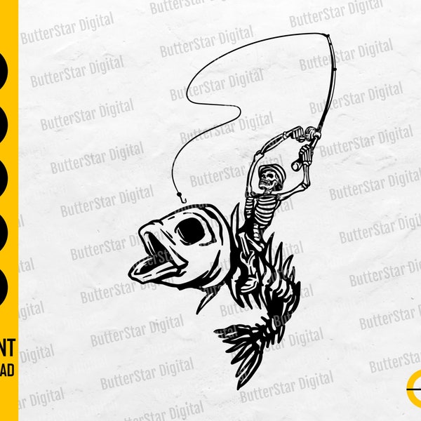 Fisherman Riding Fish Skeleton SVG | Funny Fishing SVG T-Shirt Gift Decal Graphics | Cricut Cut Files Clip Art Vector Digital Dxf Png Eps Ai